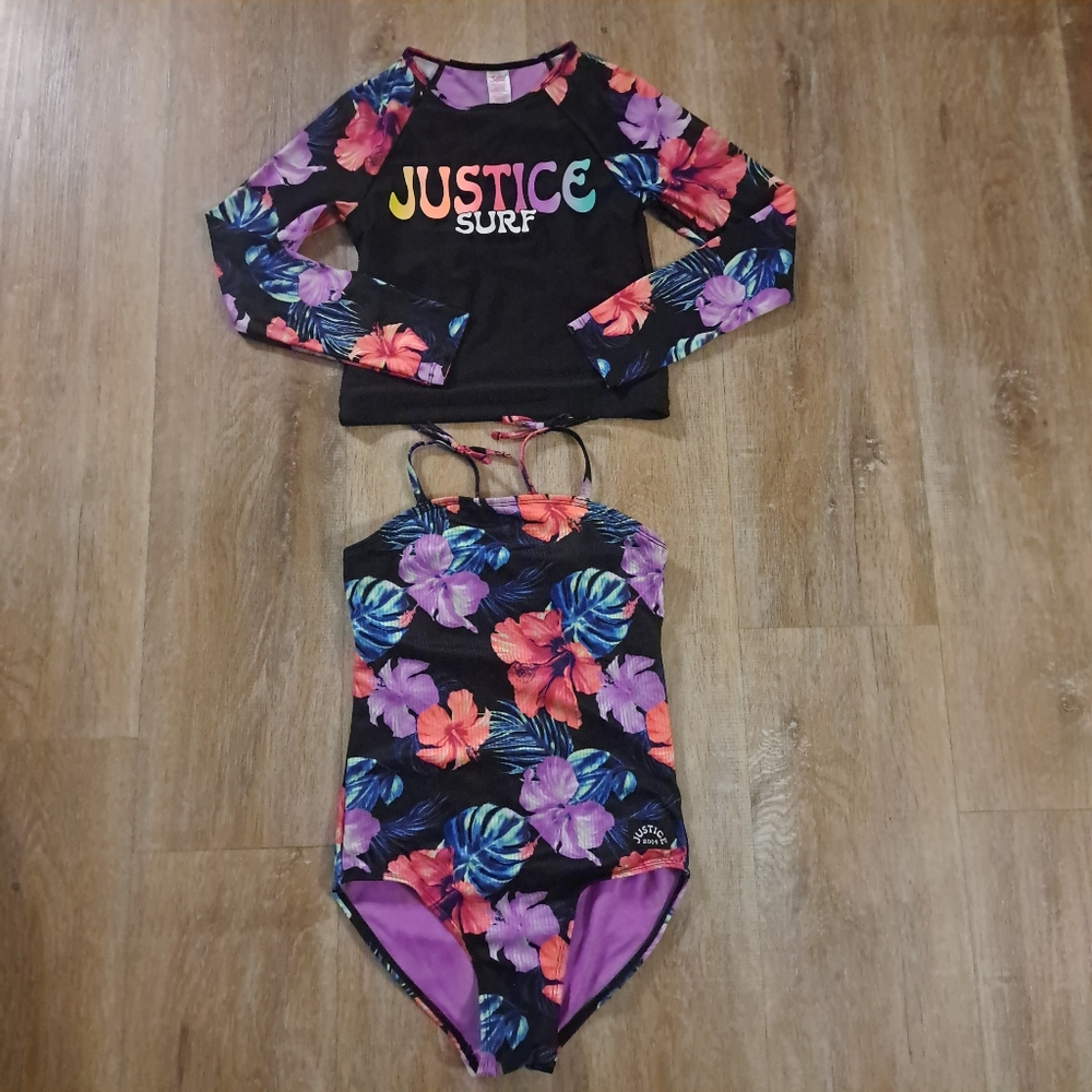 Justice Kids Long Sleeve Rashguard Colorful Floral Justice Surf Swimsuit Size M